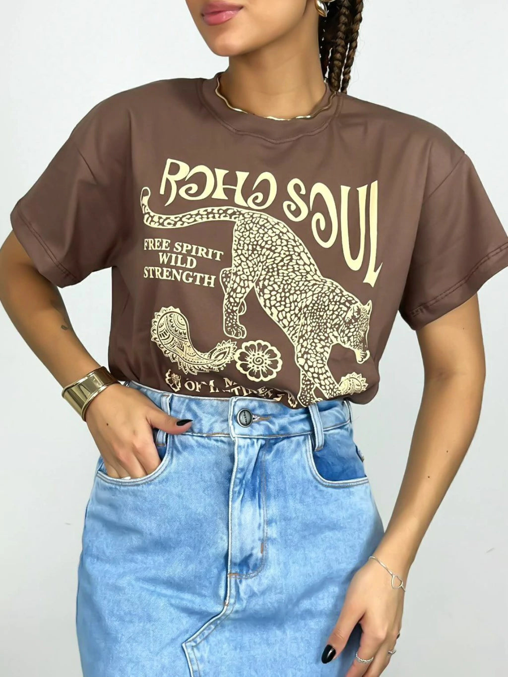 T-Shirt Feminina Estampada Boho Soul Onça Ref. 808