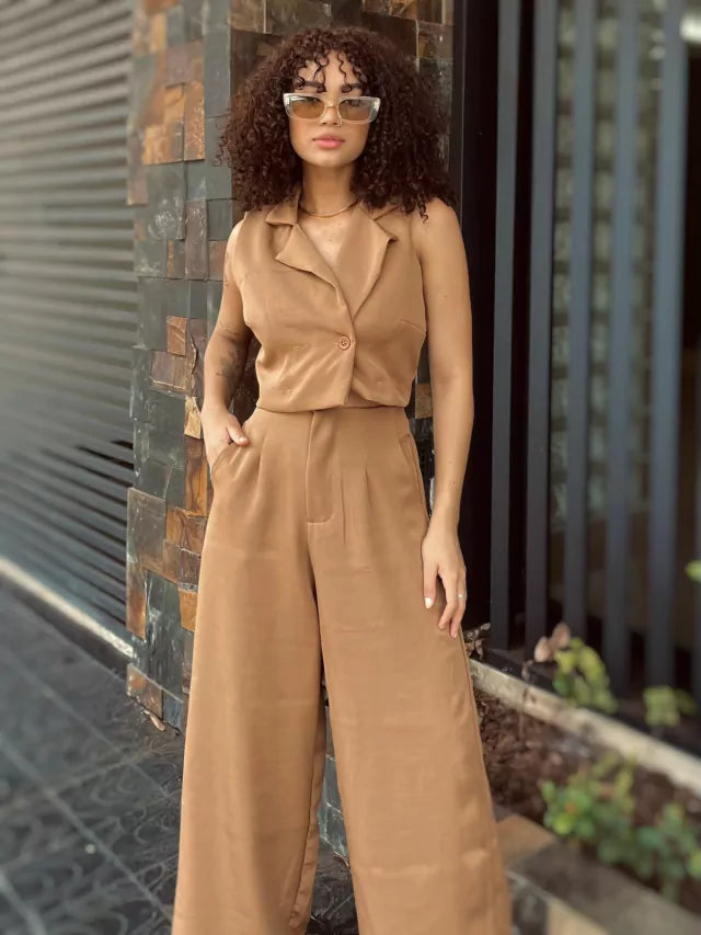 Conjunto Feminino Alfaiataria Calça Pantalona e Colete Gloria Ref. 1144