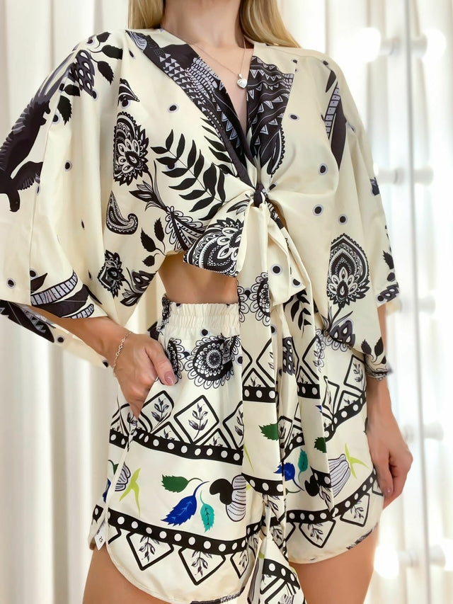 Conjunto Feminino em Crepe Short e Cropped Estampado Raiane Ref. 1295