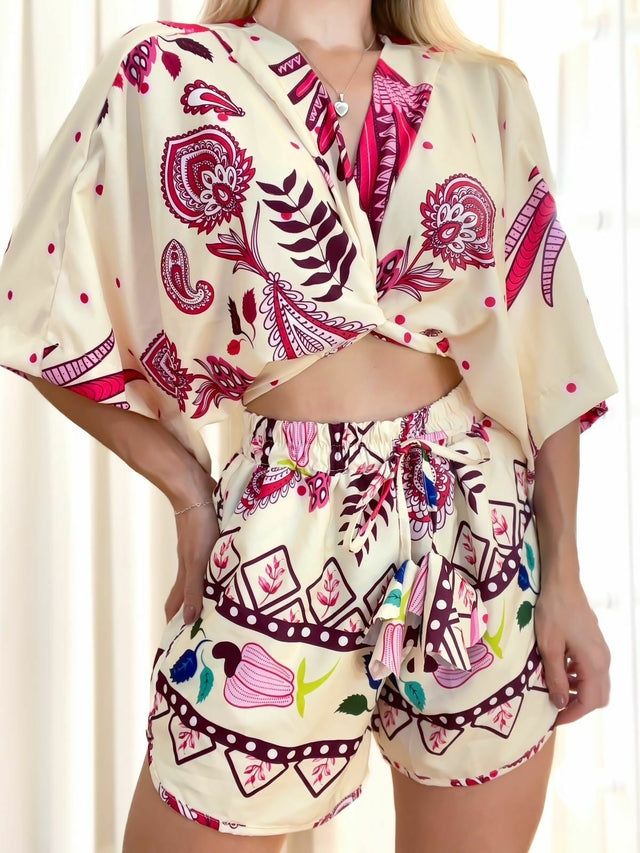 Conjunto Feminino em Crepe Short e Cropped Estampado Raiane Ref. 1295