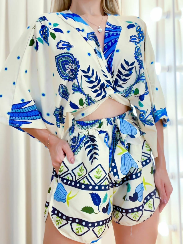 Conjunto Feminino em Crepe Short e Cropped Estampado Raiane Ref. 1295