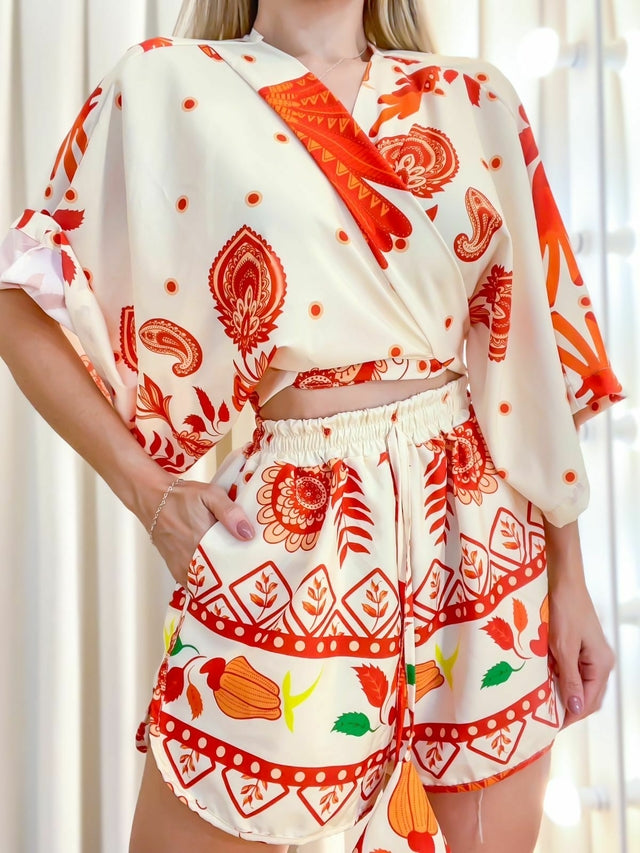 Conjunto Feminino em Crepe Short e Cropped Estampado Raiane Ref. 1295