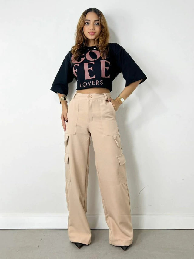 Calça Feminina Alfaiataria Pantalona Carpenter Cargo