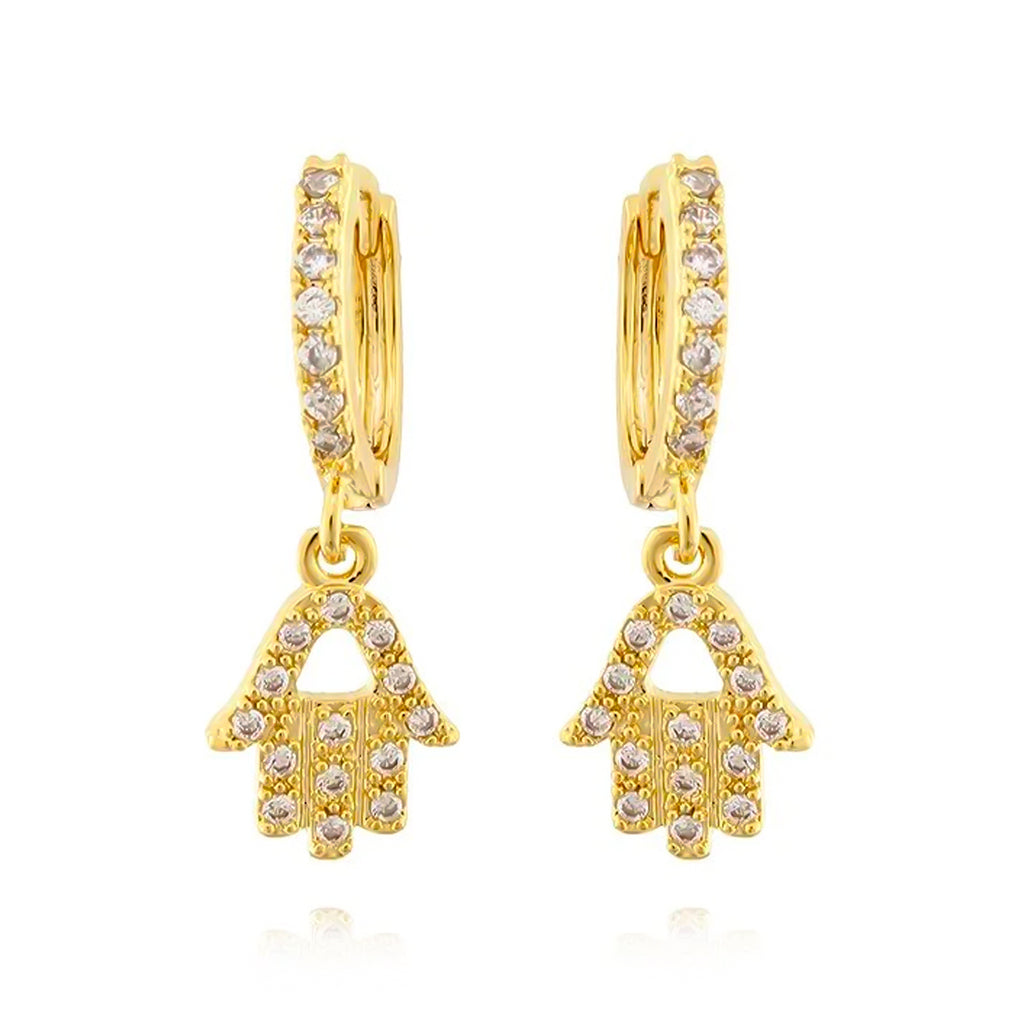 BRINCO DE ARGOLINHA COM PÊNDULO DE MÃO DE HANSÁ BANHADO A OURO 18K