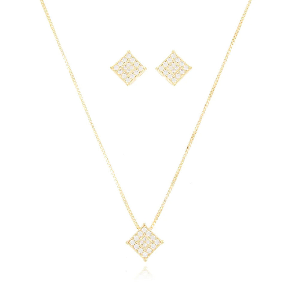 CONJUNTO COM PINGENTE CRAVEJADO DE ZIRCÔNIAS (45CM+5CM) - BANHO OURO 18K - (cópi