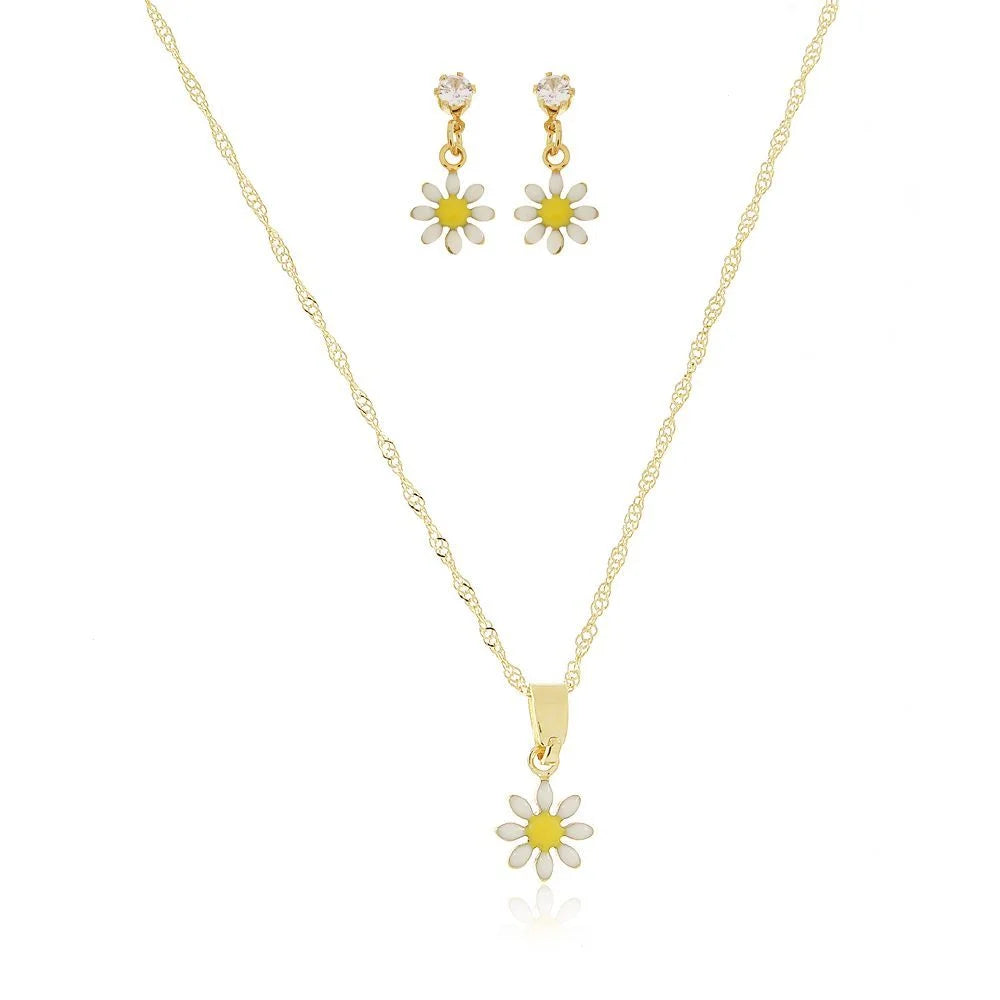 CONJUNTO INFANTIL DE FLORZINHA BRANCA - BANHO OURO 18K