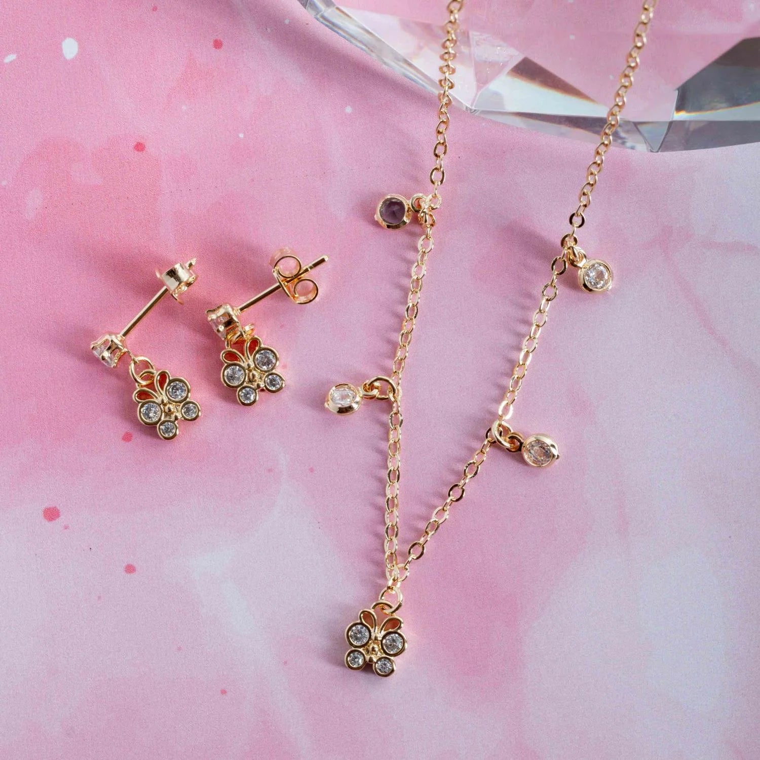 CONJUNTO INFANTIL DE BORBOLETA CRISTAL (35CM+5CM) - BANHO OURO 18K