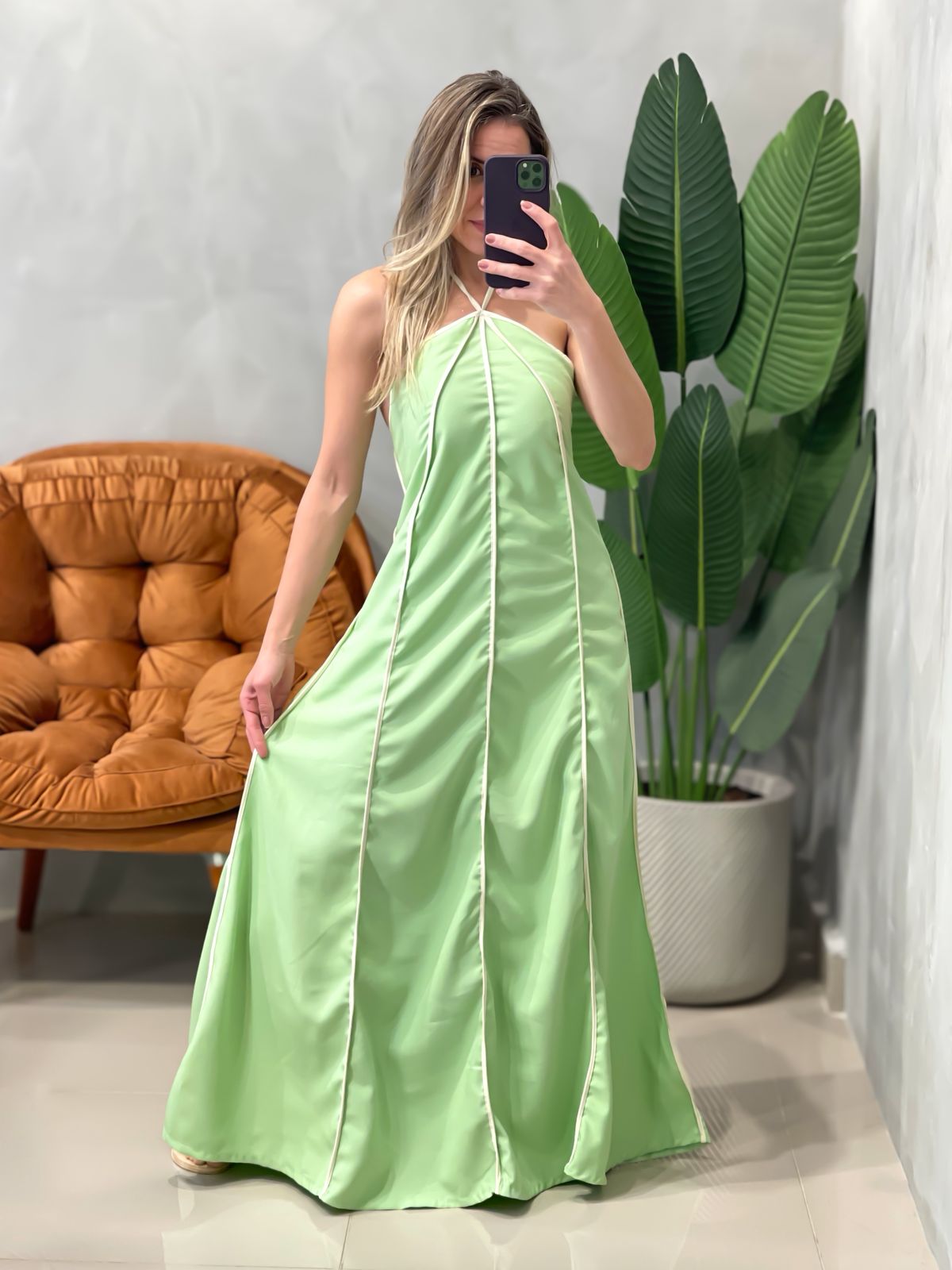 Vestido Longo em Crepinho Frente Única com Amarração e Lastex Heloisa Ref. 1618