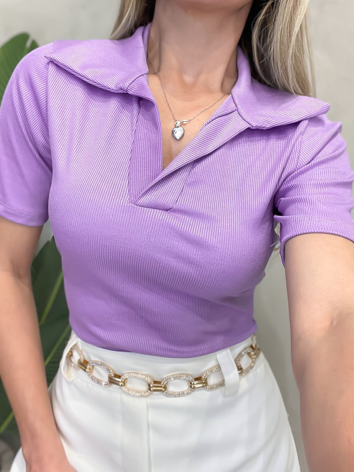 Blusa em Ribana Gola Polo Manga Curta