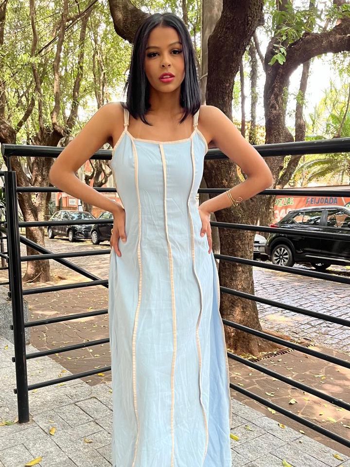 Vestido Longo em Alfaiataria Sensoriale Bicolor de Alça com Amarração Rafaela Re