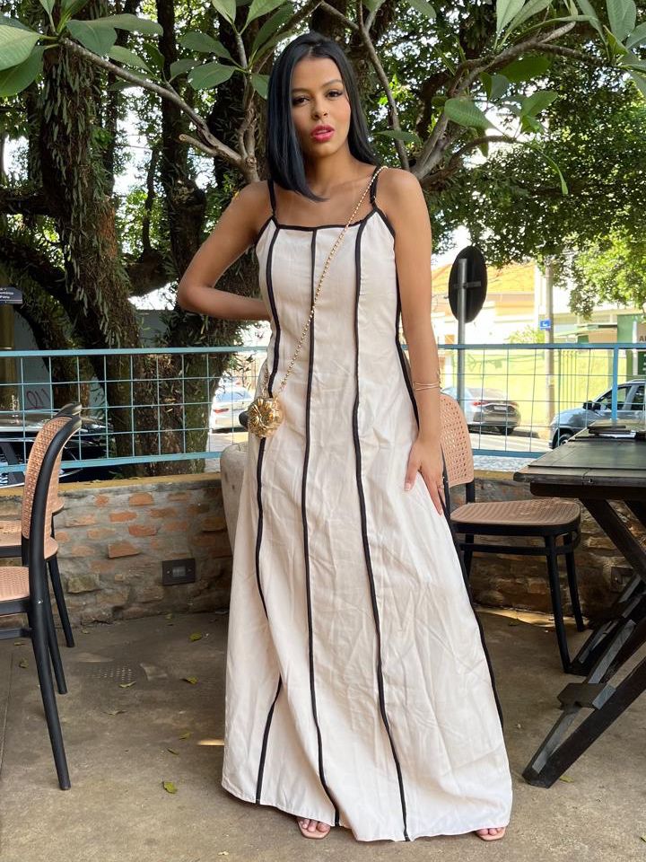 Vestido Longo em Alfaiataria Sensoriale Bicolor de Alça com Amarração Rafaela Re