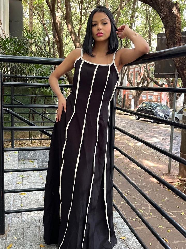 Vestido Longo em Alfaiataria Sensoriale Bicolor de Alça com Amarração Rafaela Re