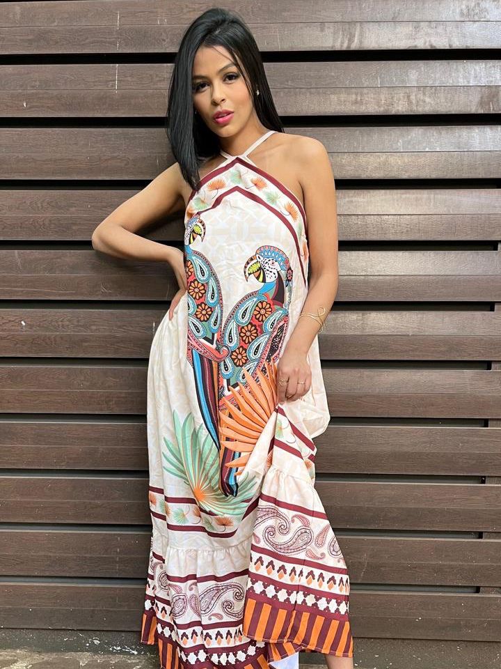 Vestido Longo em Crepe Estampado de Alça Beatriz