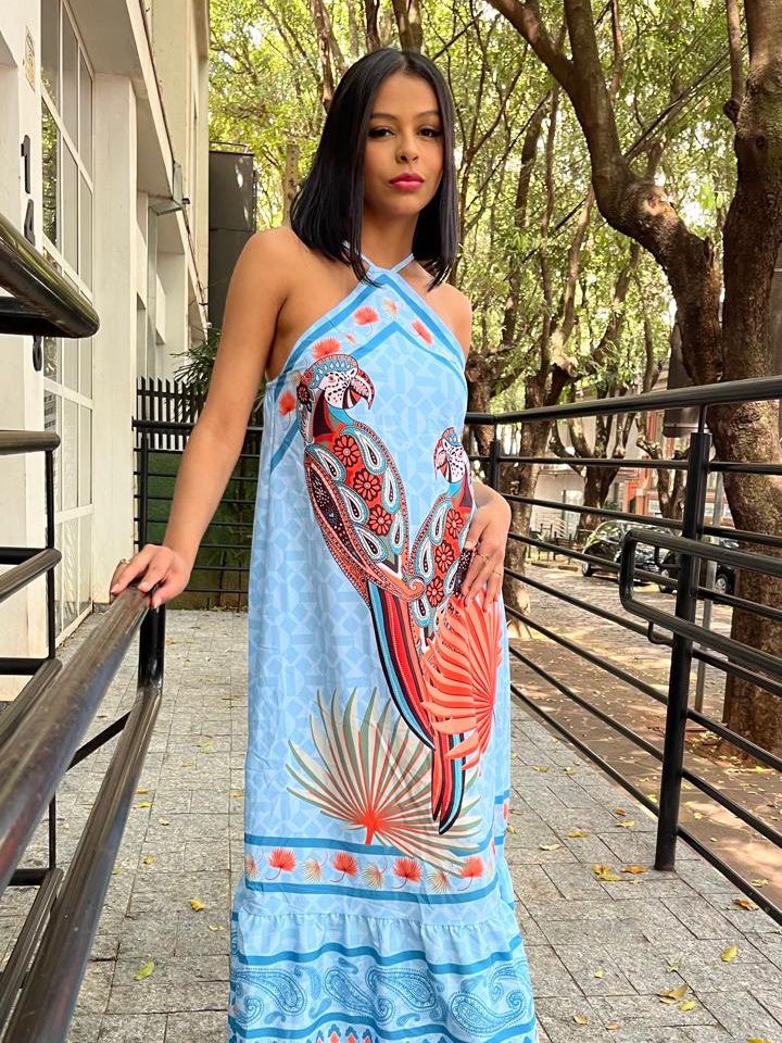 Vestido Longo em Crepe Estampado de Alça Beatriz