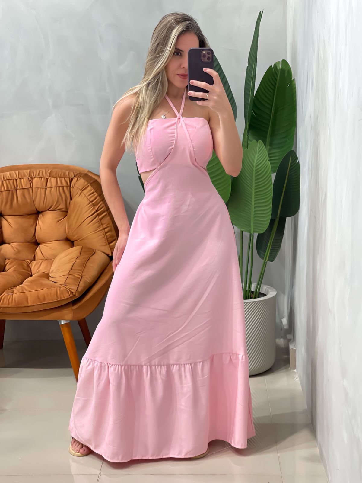 Vestido Longo em Crepe Costas Nua com Amarração