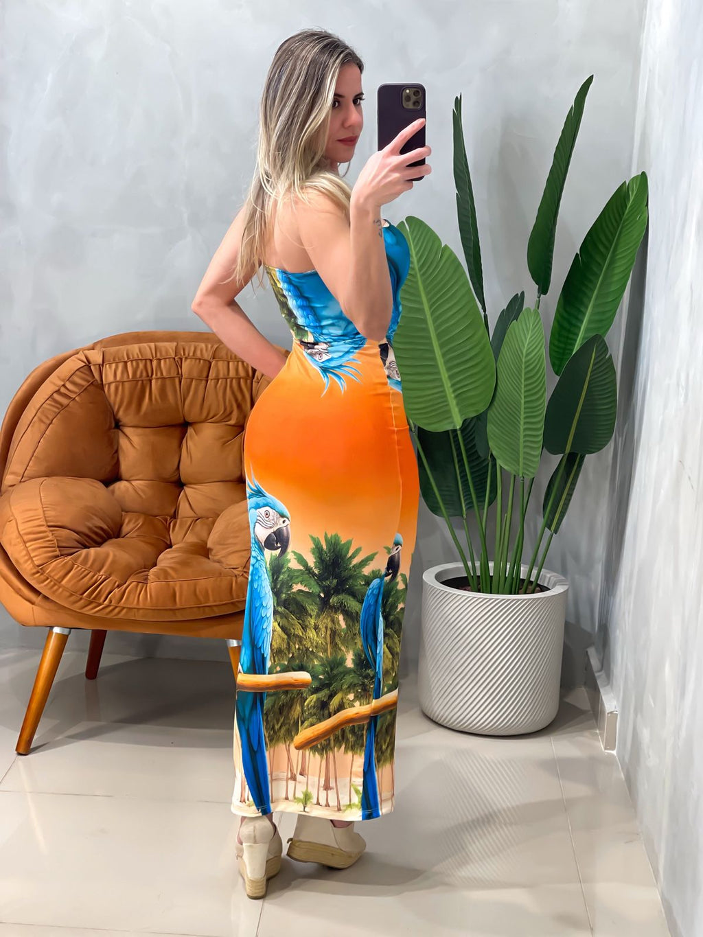 Vestido Longo em Malha Romantic sem Alça Estampa Arara Ref. 1568