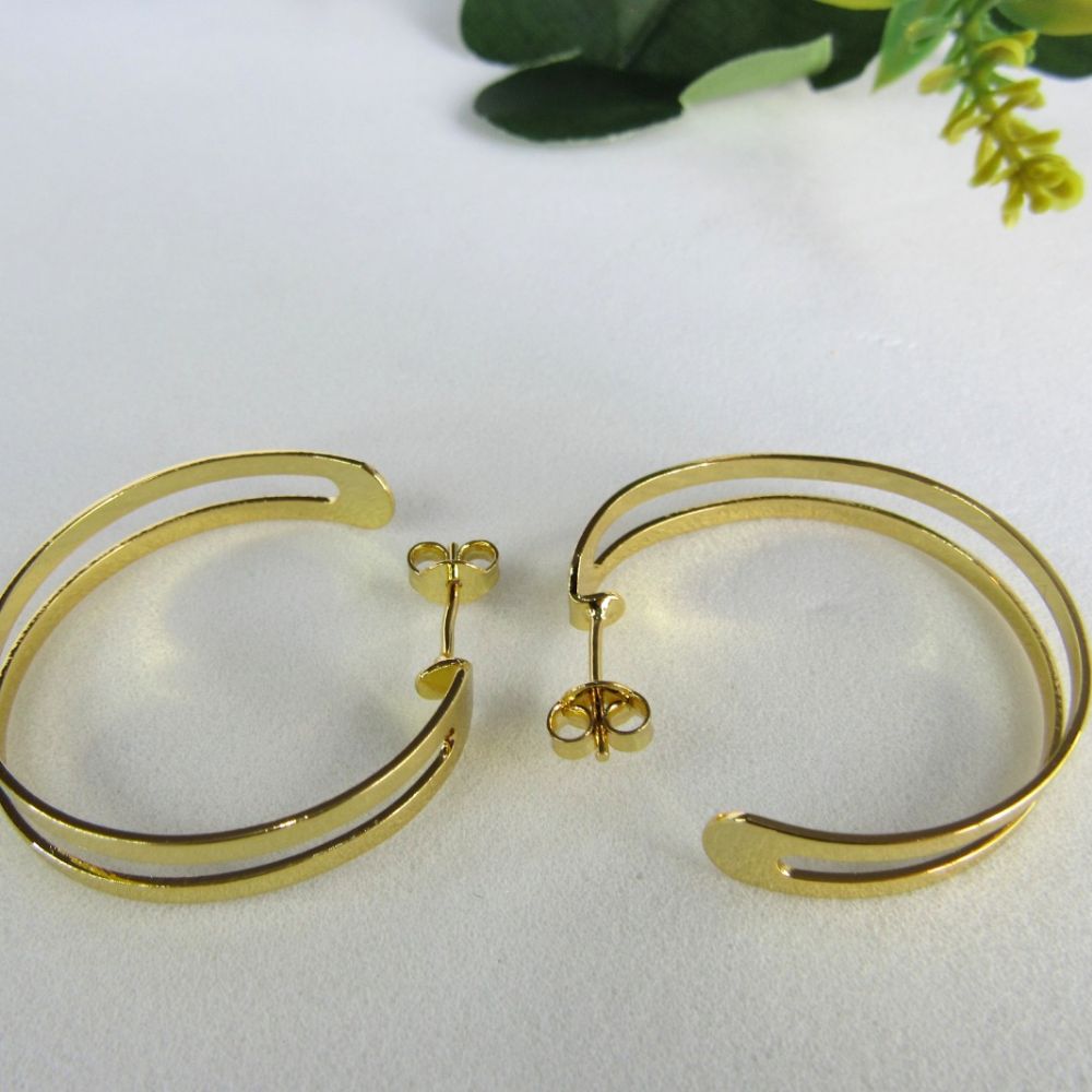 Brinco Argola Media Dupla Vazada Banhado em Ouro 18k