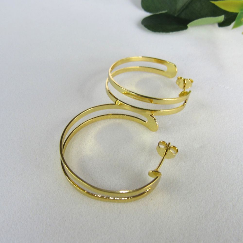 Brinco Argola Media Dupla Vazada Banhado em Ouro 18k