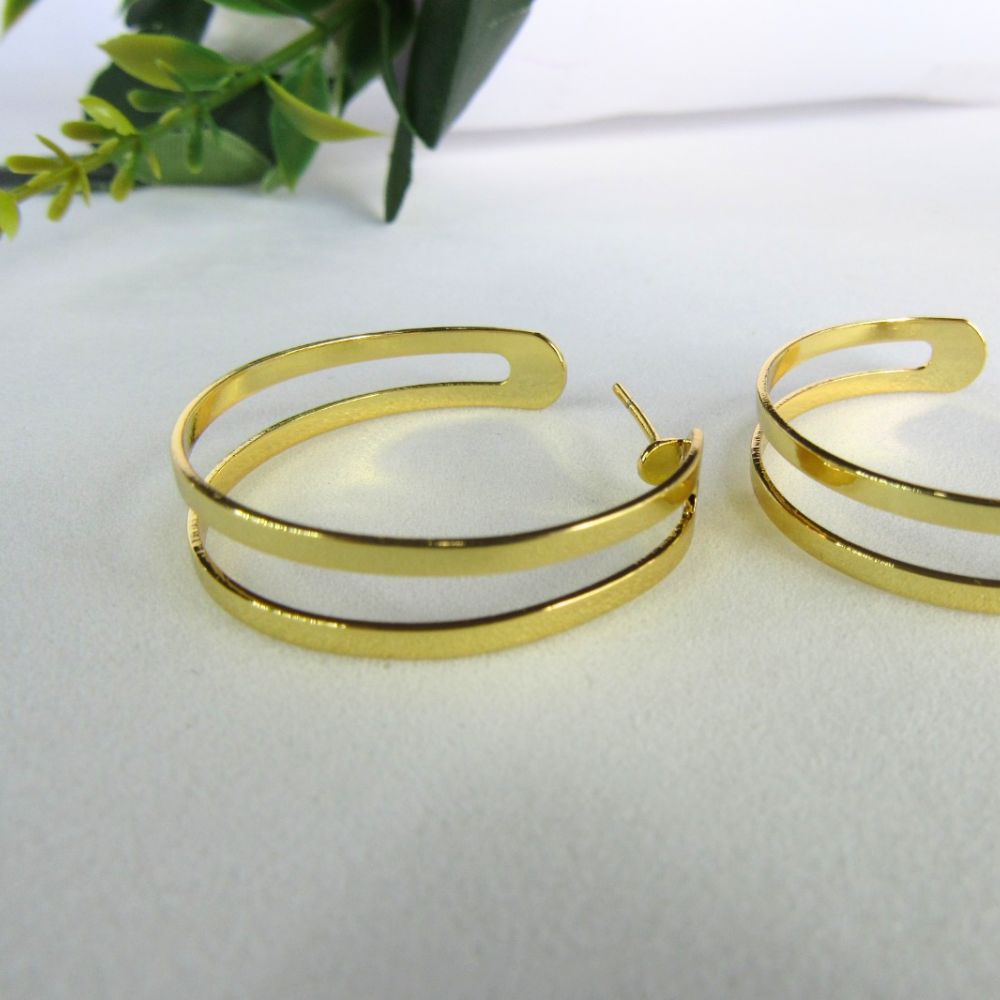 Brinco Argola Media Dupla Vazada Banhado em Ouro 18k