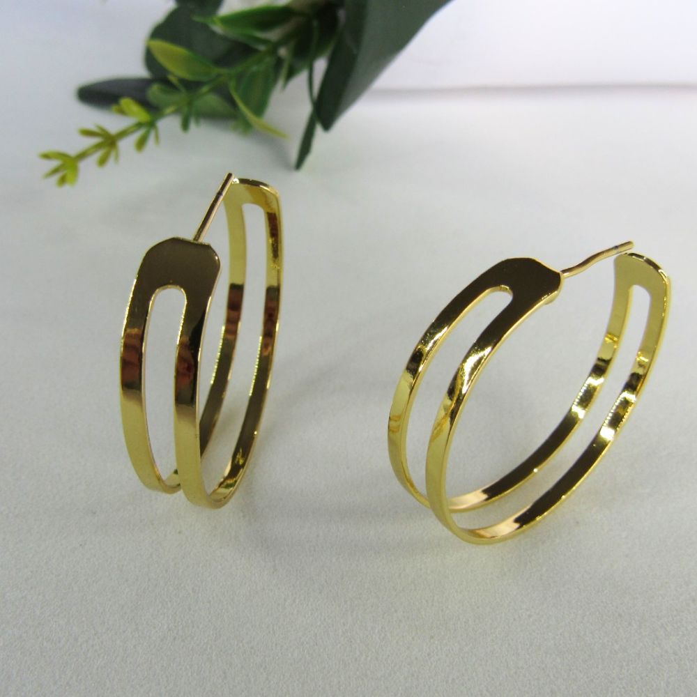 Brinco Argola Media Dupla Vazada Banhado em Ouro 18k