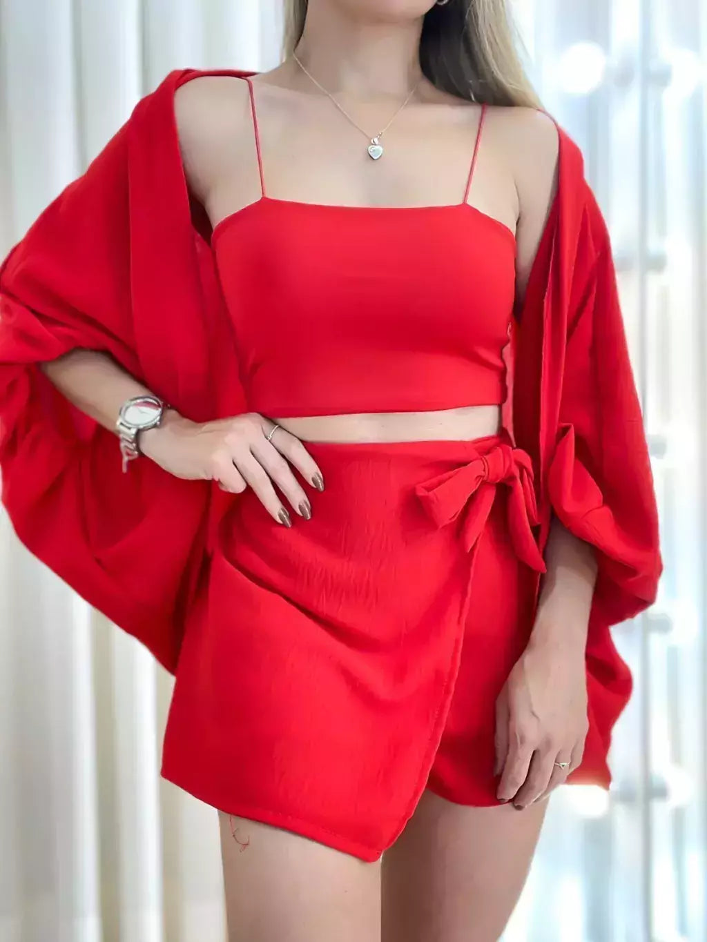 Conjunto Feminino Kimono e Short Saia Amarração